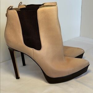 Michael Kors Nude Leather High-Heel Ankle Booties with Black Elastic Panel